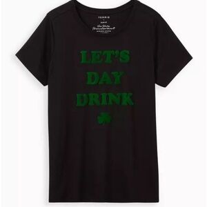 Torrid- Let’s Day Drink Slim Fit Tee Black with Green Velvet Lettering Size 3